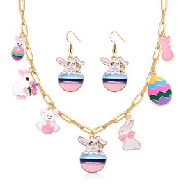 HSWE Easter Earrings Necklaces Set for Women Cute Enamel Bunny Colorful Egg Rabbit Necklace Earrings Spring Easter Holiday Party Jewelry Gifts (B Easter Necklace Earrings22)