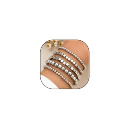 Boho Layered Gold Beaded Bracelets for Women Men Round Ball Square Geometric Beads Bracelets Minimalist Adjustable Stretch Bracelet Jewelry Gifts (Silver)