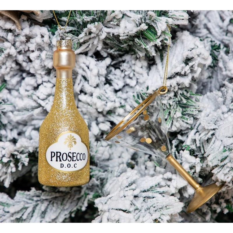 Blown Glass Prosecco Wine Bottle Ornament and Wine Glass Ornament