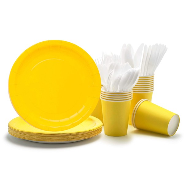 Party Paper Plates, Cups, Flatware, 120-Piece Disposable Dinnerware Set, Yellow,