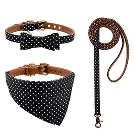 3PCS Bow Tie Dog Collar and Leash Set Plaid/Camo/Dots/Flower Dog Bandanas with Bell 3 Size Adjustable for Small Dogs Puppies and Cats (XS, Black Dots)