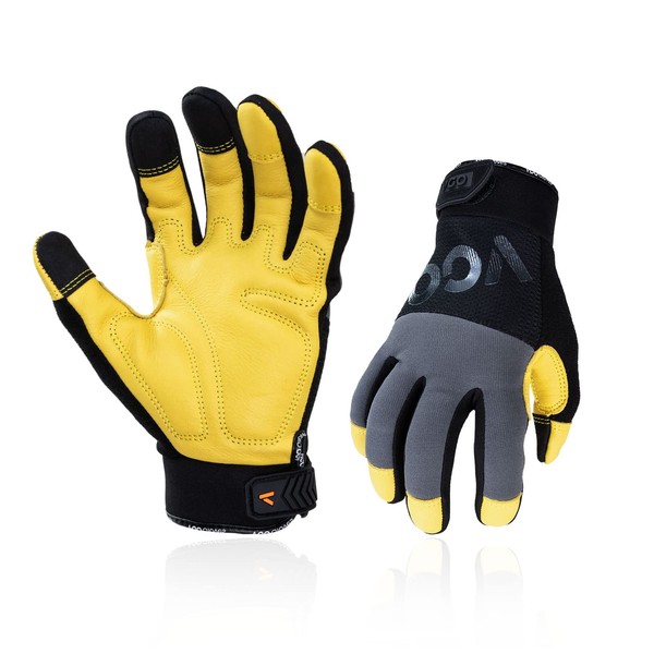 [Vgo...] Men's Mechanic Gloves, Work Gloves, Handle, Cowhide Leather, Shockproof, Anti-Vibration, Garden Gloves, Rigger Gloves, Work Gloves, Maintenance Gloves (L, Black + Gray, CA7723IP)