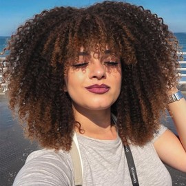 Short Afro Kinky Curly Synthetic Wig, Glueless Curly Bob Wig with Bangs Highlight Curly Wigs for Black Women Heat Resistant Fluffy Wigs For Daily Party Cosplay Use(14inch,Ombre Brown)