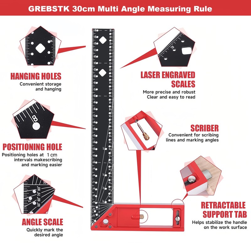 GREBSTK 30cm Multi Angle Measuring Ruler, Combination Framing Square Carpenter