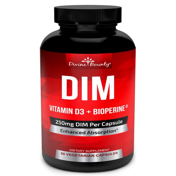 Divine Bounty DIM Supplement 250mg with Vitamin D3 Plus BioPerine - Diindolylmethane Menopause & Estrogen Support, Hormone Balance Support for Women and Men - 90 Vegetarian Caps
