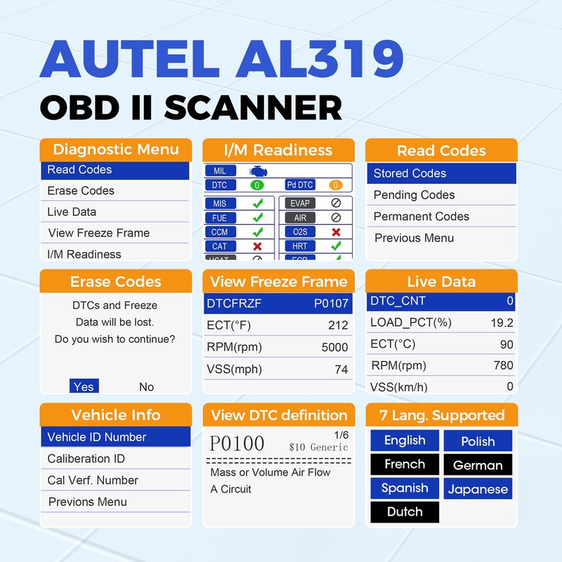 Autel Professional OBD2 Scanner AL319 Code Reader, Enhanced Check and