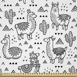 ABAKUHAUS Llama Fabric Sold by the Metre, Doodle Alpaca Design, Silky Satin Fabric for Sewing Home Textiles, 2 m (148 x 200 cm), White / Black