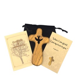 3 ARCHES USA Hand Carved Olive Wood Comfort/Pocket Cross With Holy Spirit Dove Cutout-4" Palm-Sized Prayer Cross from Bethlehem-Includes Pouch & Certificate