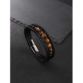 Top Plaza Mens Natural 8mm Tiger Eye Stone Beaded Bracelets Black Braided Leather Multilayer Cuff Bracelet with Stainless Steel Clasp Cool Jewelry Gifts for Him
