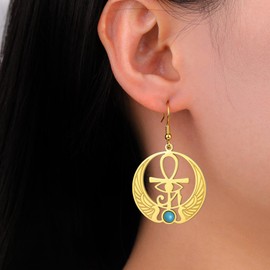 Ankh Cross Eye of Horus Gemstone Earrings Key of Life Scarab Earrings Egyptian Goddess Isis Earrings Ancient Egyptian Protective Amulet Religious Jewellery for Women, Stainless Steel, No Gemstone