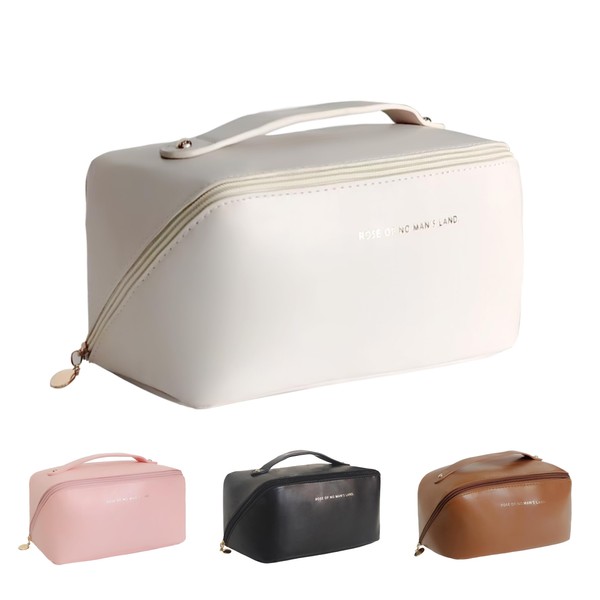 Mountain Land Travel Cosmetic Bag Women's Man Make Up Bag with Large Capacity PU Leather Waterproof Portable Cosmetic Bag for Travel-friendly Bathroom, PU white