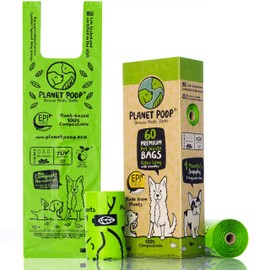 PLANET POOP Home Compostable Dog Poo Bags Extra-long with Handles 60 Biodegradable Un-Scented Pet Waste Bags Plastic Free, Thick Leakproof Plant-Based Doggy Bag, Cats & Dogs Eco-Friendly Pet Supplies