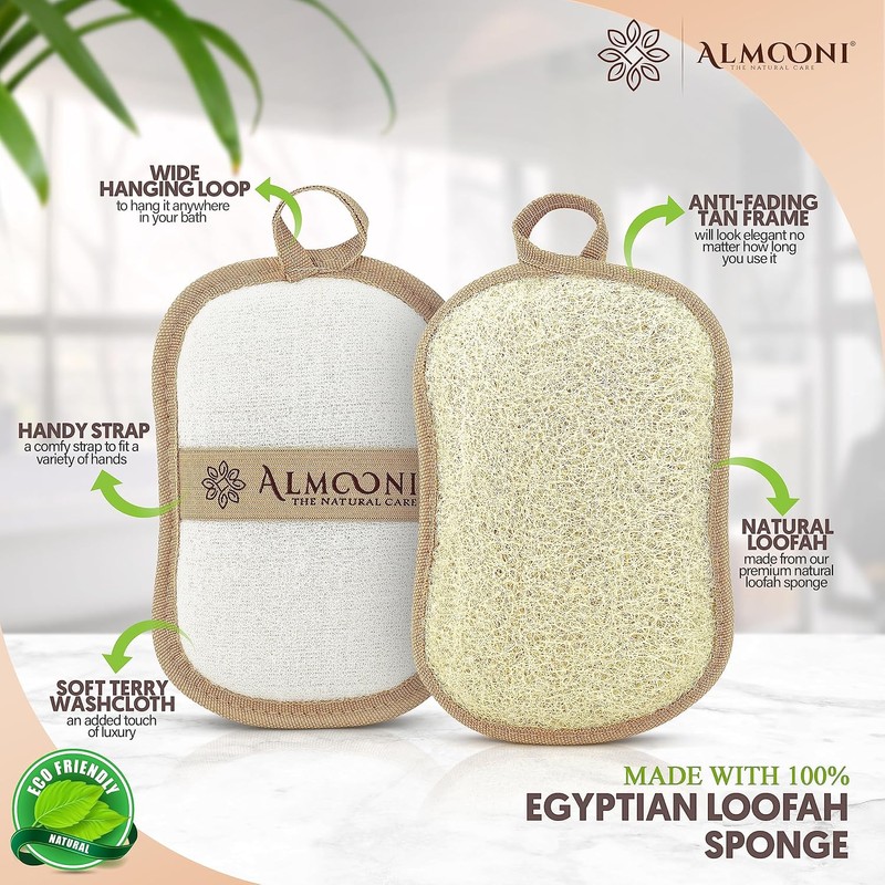 Almooni Premium Exfoliating Loofah Pad Body Scrubber, Made with Natural
