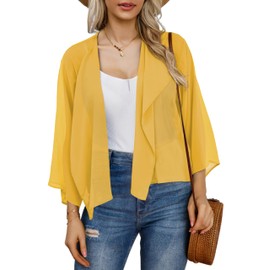 Womens Cover Up Bolero Shrug for Dress 3/4 Sleeve Floral Print Fall Chiffon Shawls(B-Yellow,L)