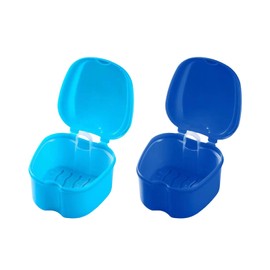 Acpetdr 2 Pack Denture Box with Strainer Basket Durable FalDenture Box with Strainer Basket Durable False Teeth Soaking Container Orthodontic Retainer Storage Case for Travel(Blue, Light Blue)