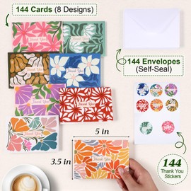 Gueevin 144 Pcs Thank You Cards with Envelopes Stickers Bulk 3.5x5'' Blank Stylish Cards Assorted Cute Greeting Card Decor Thank You Notes Great for Birthday Wedding Business Graduation Bridal Shower