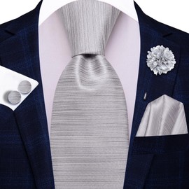 Hi-Tie Mens Grey Tie Set Silk Woven Necktie with Lapel Pin Pocket Square Cufflinks Set for Wedding Party