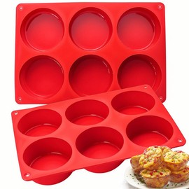 Silicone Egg Bite Molds, 2 Pack Frittata Pan, Deep 3 Inch Dash Cups, Sous Vide Round Rolls Molds for Breakfast Sandwiches, Omelets, Dinner Rolls, Baking - Red