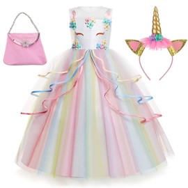 Chektin Unicorn Dress for Girls Unicorn Costume Pageant Princess Party Birthday Long Maxi Gown with Unicorn Headband Satin (Multicolored, 110 3 Years)