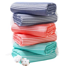 6 Packs Oversized Cotton Turkish Beach Towel 74"x38" Thin Quick Dry Sand Free Pool Swim Camp Towels Large Xl Clearance Blanket Travel Essentials Accessories Vacation Adult Mulite Navy Blue Stripes