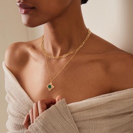 BENEIGE Layered Necklaces for Women 14K Gold Plated Clover Necklace Emerald Necklace for Women Dainty Gold Necklace Stack Hypoallergenic Jewelry for Women
