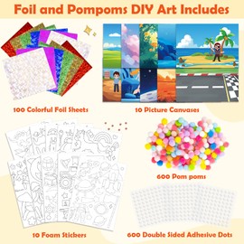 PARTYWIND Foil & Pom poms Art Fun Kit for Kids Ages 4-8 - Unicorns, Princesses, and Ocean DIY Arts & Crafts Supplies, Quiet Time Travel Toys, Birthday Gifts for Girls & Boys Ages 4 5 6 7 8 9 10 11 12
