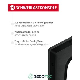 Gedotec Sparta Heavy Duty Aluminium Shelf Console | Depth: 190 mm | 1 Piece Shelf Bracket Made of Aluminium Black Matt | Load Capacity 180 kg for Wall Shelves | Rustproof Shelf Support | Wall Angle