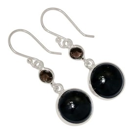 Black Onyx - Brazil & Smokey Topaz 925 Silver Earrings Jewelry ALLE-18524