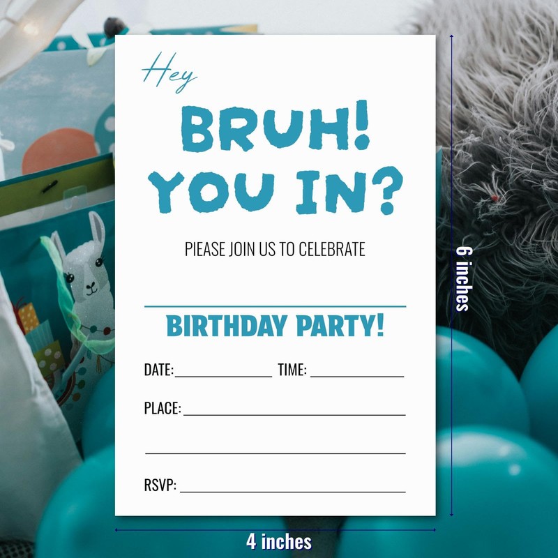 WENFLY Hey Bruh You In Birthday Party Invitations, Minimalist Blue-Style