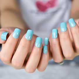 Press on Nails Glossy Solid Blue Fake Nails Medium Length Squoval False Nail Art Tips Reusable Acrylic Finger Nails Gifts for Women Girls