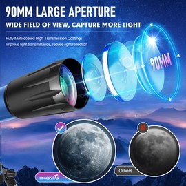HUGERSTAR Telescope, Telescope for Adults High Powered, 90mm Aperture 800mm Professional Refractor Telescopes for Adults Astronomy Beginners with AZ Mount Stainless Tripod, Carry Bag and Moon Filter
