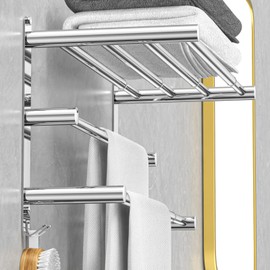 CAXIMSY Adjustable Towel Bar for Bathroom Wall Mount17-30.7inch Adhesive Shower Towel Rack Stainless Steel Bath Towel Holders for Toilet Kitchen Double Towel Hanger (3-Layer Towel Rack)