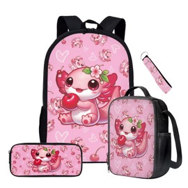 ASQVTIFE Cute Axolotl School Backpack with Lunch Bag Pencil Bag Set for Little Girls,4 in 1 Animal Children Bookbag for Girls 6-10 Years Old Primary Middle Student Large Capacity Hiking Daypack