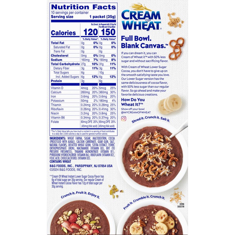 Cream of Wheat Instant Lower Sugar Hot Cereal, Cocoa, 10