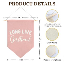AGMDESIGN Long Live Girlhood Pink Canvas Hanging Pennant Flag Banner, Girl Room Wall Decor, Kids Bedroom Dorm Toddler Decor, Nursery Playroom Girl Power Flag Decor, Birthday Gifts for Daughter Niece
