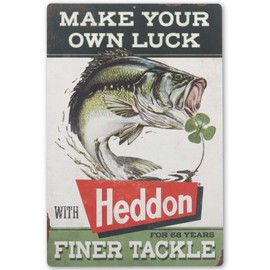 Heddon Lures Make Your Own Luck Metal Sign - Vintage Heddon Wall Decor for Man Cave or Garage