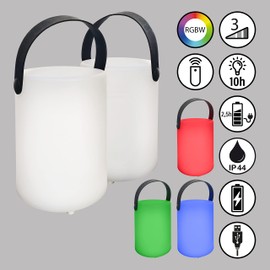 FHL easy! Pack of 2 Ciro Cordless Table Lamps, 1 x LED 0.7 Watt + 0.7 Watt RGB - 55 Lumen - 3000 Kelvin, White Cylindrical, Dimmable with Button + Remote Control, 3 Levels, Colour Adjustment 7 Levels