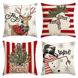 Artoid Mode Red Stripes Snowman Reindeer Gloves Christmas Cushion Covers Set of 4 40 x 40 cm Christmas Decorative Cushion Cover Couch Decoration