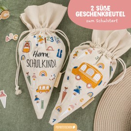 Papierdrachen Set of 2 Gift Bags School Cone Design – School Gifts – 32 x 18 cm, Pastel Colours, Embroidered, Lightweight & Durable