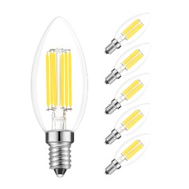 Lamsky E14 Dimmable LED Bulb 6W,AC 110V 600Lumens Daylight 5000K,E14 European Base Candelabra LED Bulbs,Clear Glass Torpedo Shape(5-Pack)