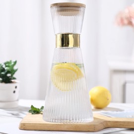 DUJUST Ribbed Glass Carafe with Lid (34oz), Elegant Water Carafe with Gold Decoration, Crystal Glass Carafe, with Thickened Bottom, for Juice, Milk, Tea, Food-Grade Silicone, Leak-proof
