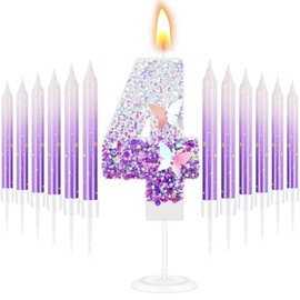 Vela de cumpleaños número 4 mariposa morada para pastel con 6 velas largas y delgadas para cupcakes, lentejuelas brillantes con purpurina púrpura para