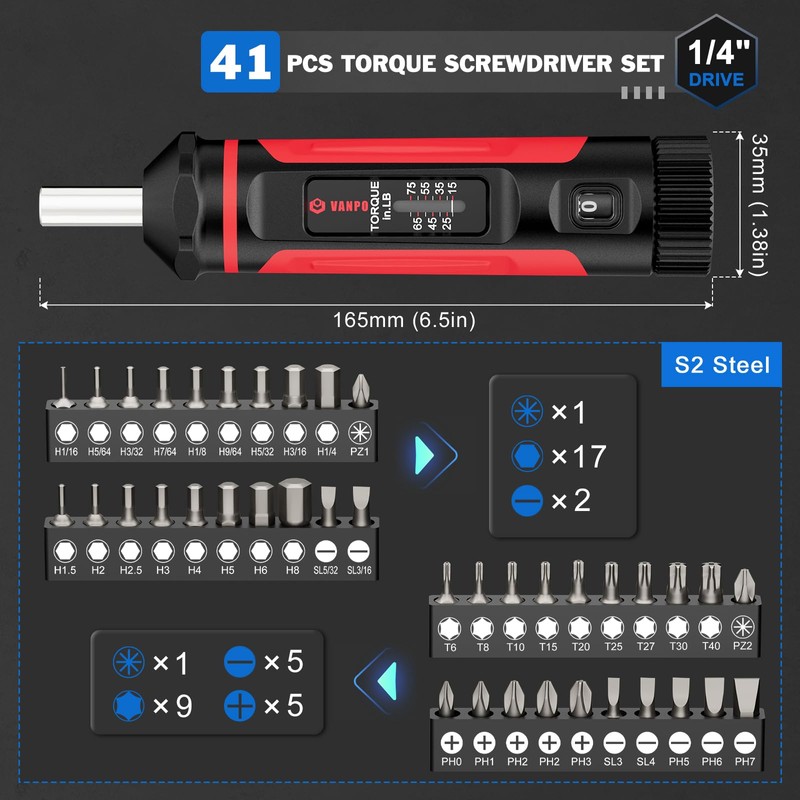 VANPO Torque Screwdriver, 15-75In-lb Torque Screw Driver Wrench Driver Set,