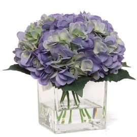 2-Pack Periwinkle Hydrangea Floral Arrangements in Glass Vases – Faux Water Look – Elegant Silk Flower Centerpieces for Home & Office Décor