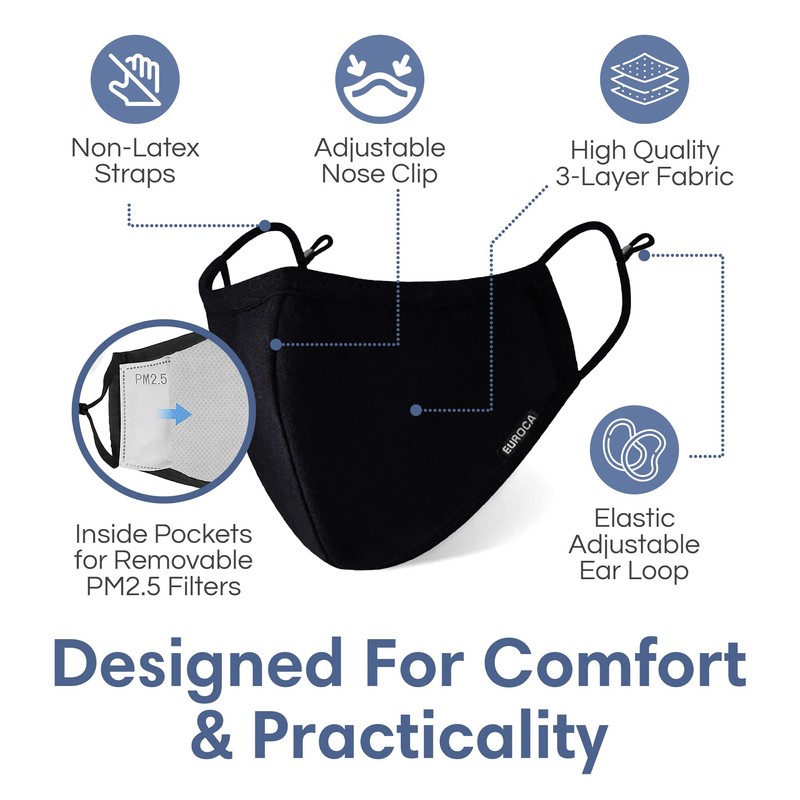 Euroca - Cloth Face Mask, 3 Layers Cotton Face Masks,