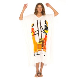 SHU-SHI - Women's Kaftan Dress - Long Kimono to Wear Over Swimwear - Tribal Design, Stomping Women - White