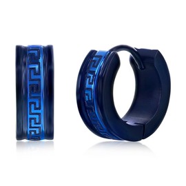 Beaux Bijoux Men's Black & Blue 13mm Greek Key in Stainless Steel - Hypoallergenic Hoop Earrings for Men - Unique Earrings for Him
