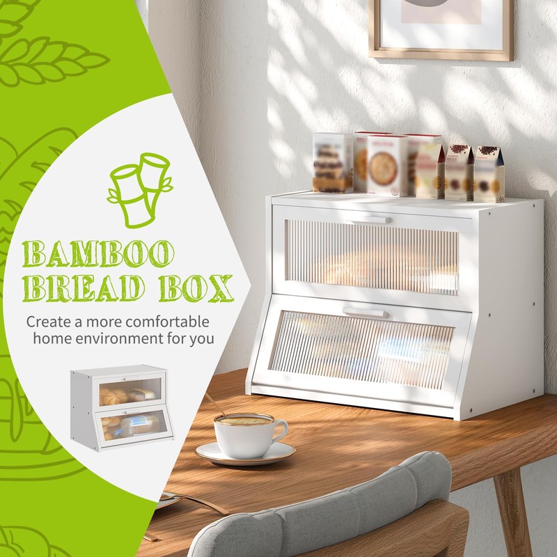 BMOSU Large Bread Box Double Layer Bamboo Bread Box for