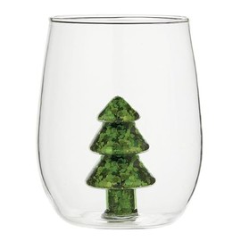 Slant Collections Christmas Wine Glasses 3D Stemless Wine Glass With Figurine, 18-Ounce, Glitter Tree