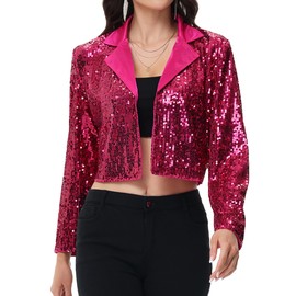 Anna-Kaci Women's Sparkly Crop Sequin Blazer Jacket Long Sleeve Party Club Cardigan Out, Fuschia, Small